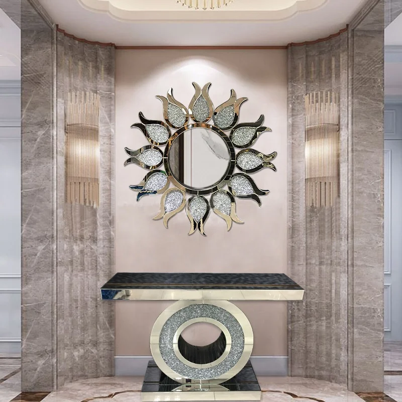 2022 Console table Wholesale Crushed Diamond  Mirrored Console Table with Wall Mirror Set Mirrored Hallway Table Furniture