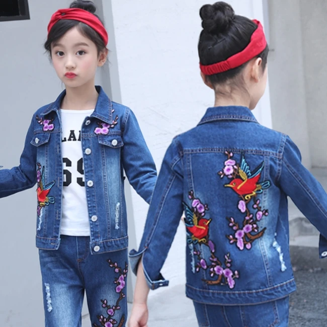 SE3188 4-12 years big girl clothing fashion and comfortable jeans jacket 3pcs set denim jacket+jeans+shirt set