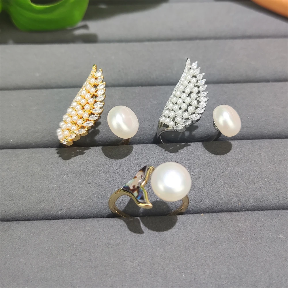 Newest design women jewelry 18k gold plated abalone shell whale tail natural freshwater pearl open ring cz wings for women