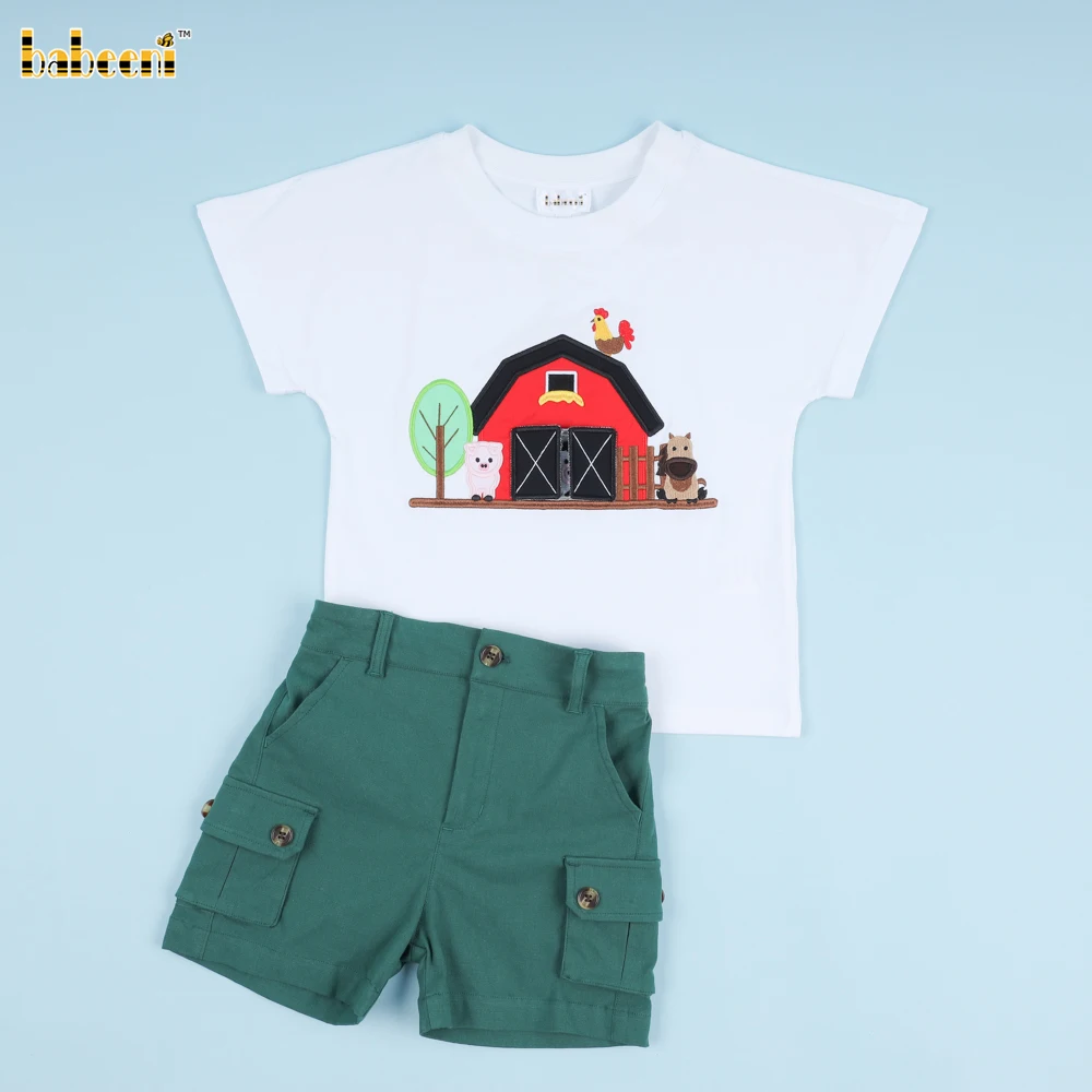 Boy Applique 2-Piece Set Farm Theme Outfit - BC1180 kids smocked clothing wholesale manufacturer hand made customization