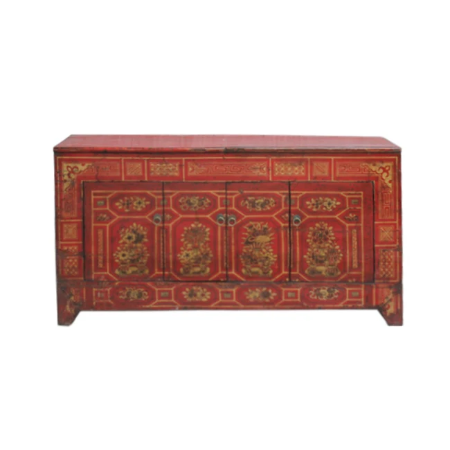 New arrival High glossy recycled wood furniture  antique reclaimed  wood Mongolian painting sideboard living room furniture