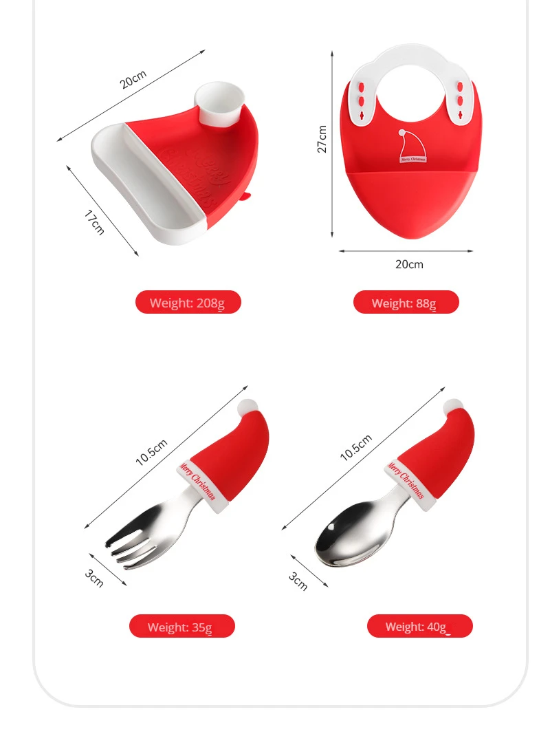 New Products Christmas Factory Wholesale Silicone Baby Bib Feeding Set Creative Forks, Spoons, Tableware,Hats, Silicone Divided