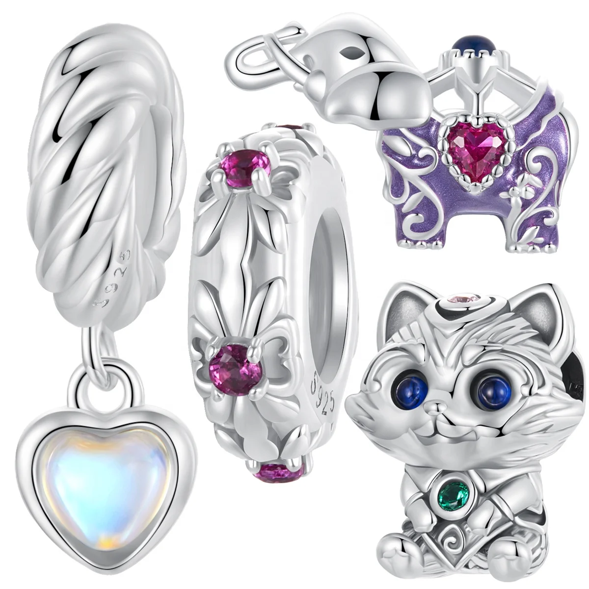 Factory Wholesale 925 Sterling Silver Hollowed-out Elephant Bead Charm Inlaid CZ Animal Raccoon Charm Fit Woman Bracelet DIY