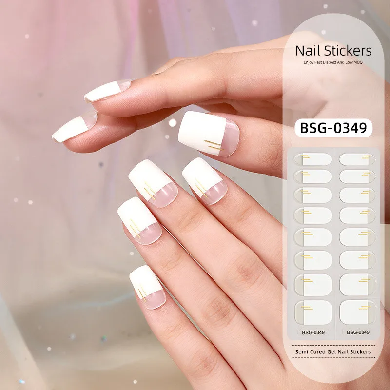 BEAU FLY 2024 new Gold Stamped White 20pcs 3d uv gel nail sticker Semi Cured Gel Nails Stickers for DIY