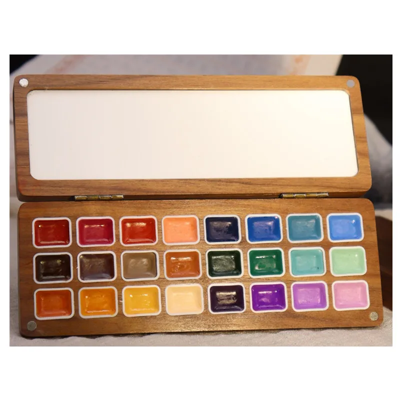 wooden box 24 glittery colors watercolor paint set pearl metallic watercolour for artist and student painting