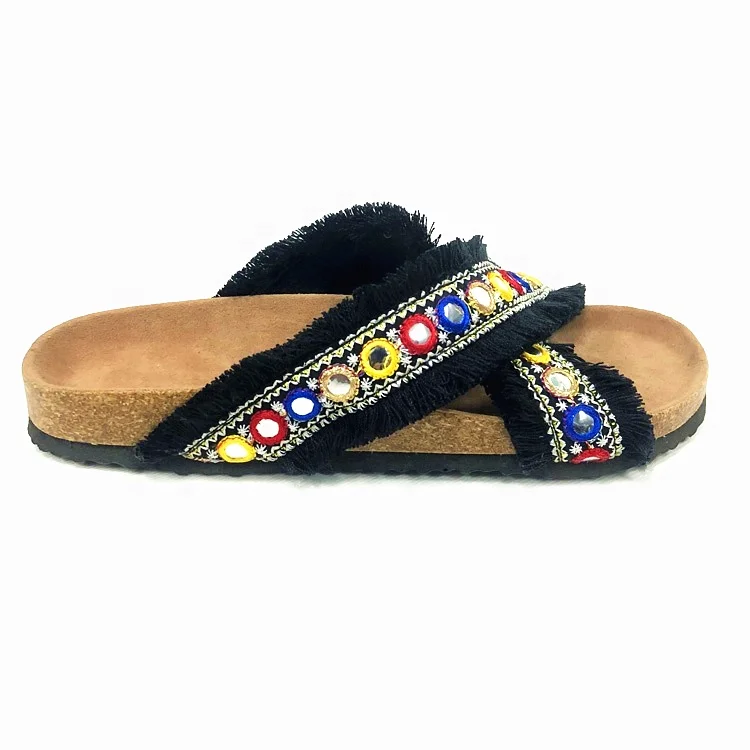 New Arrival Fancy and Fashion Denim Fringes Tassels Cross Straps Women Sandals with bling bling decoration