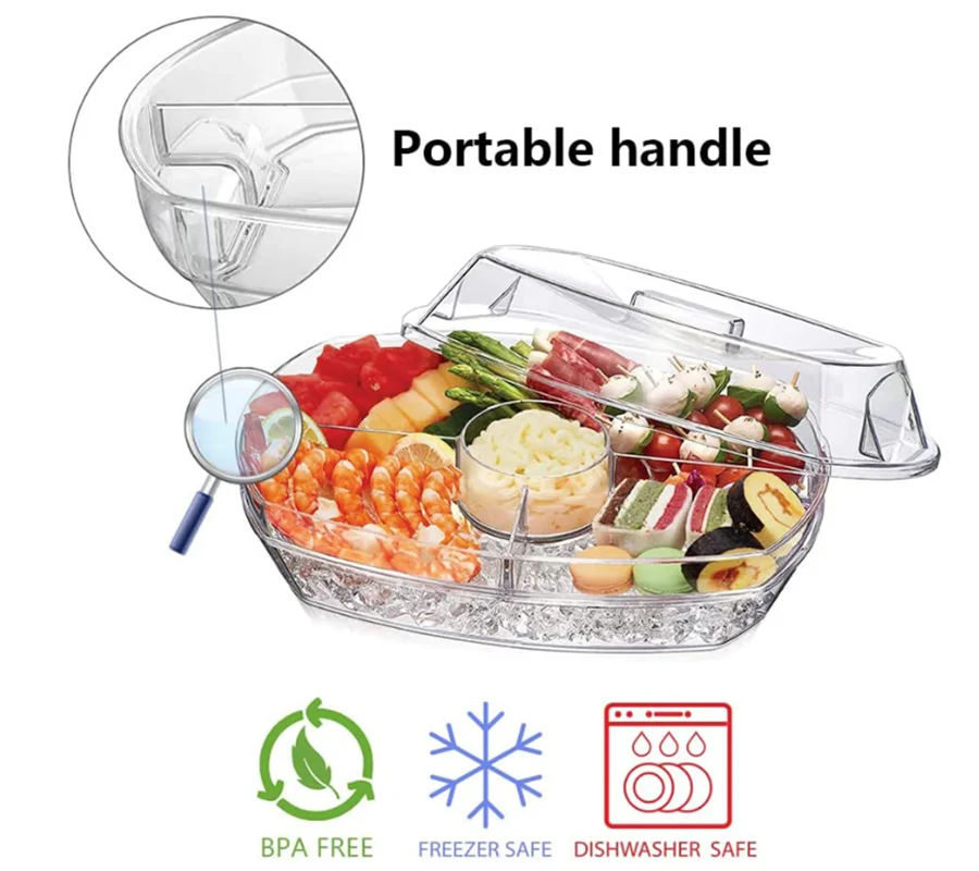 Chilled Veggie Tray 15 Inch Plastic Clear Party Platter Ice Serving Bowl with Lid Cold Food Buffet Server with 4 Compartments