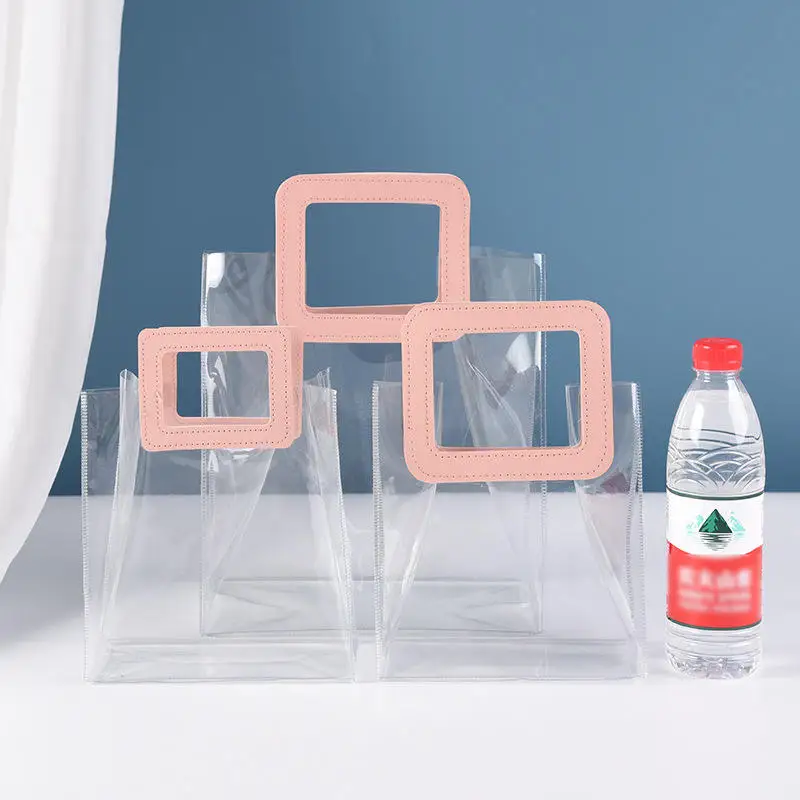 Wholesale Clear Plastic Gift Bags with Leather Handle Reusable Handbag Transparent PVC Plastic Gift Wrap Tote Bag
