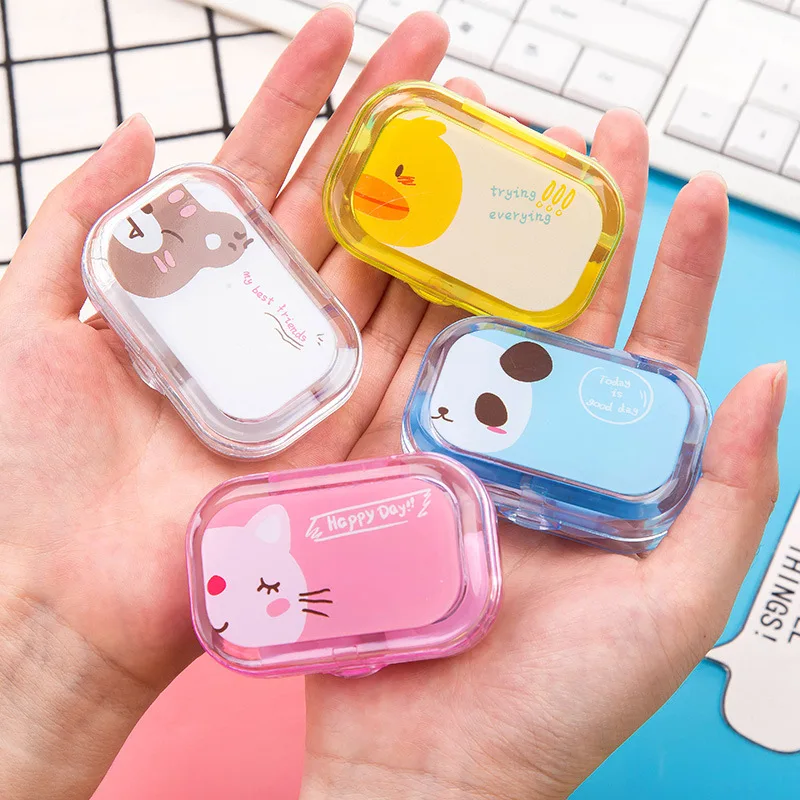Cartoon Cute Square Women Girls Kit Travel Eye Contact Lenses Case Box  with Mirror