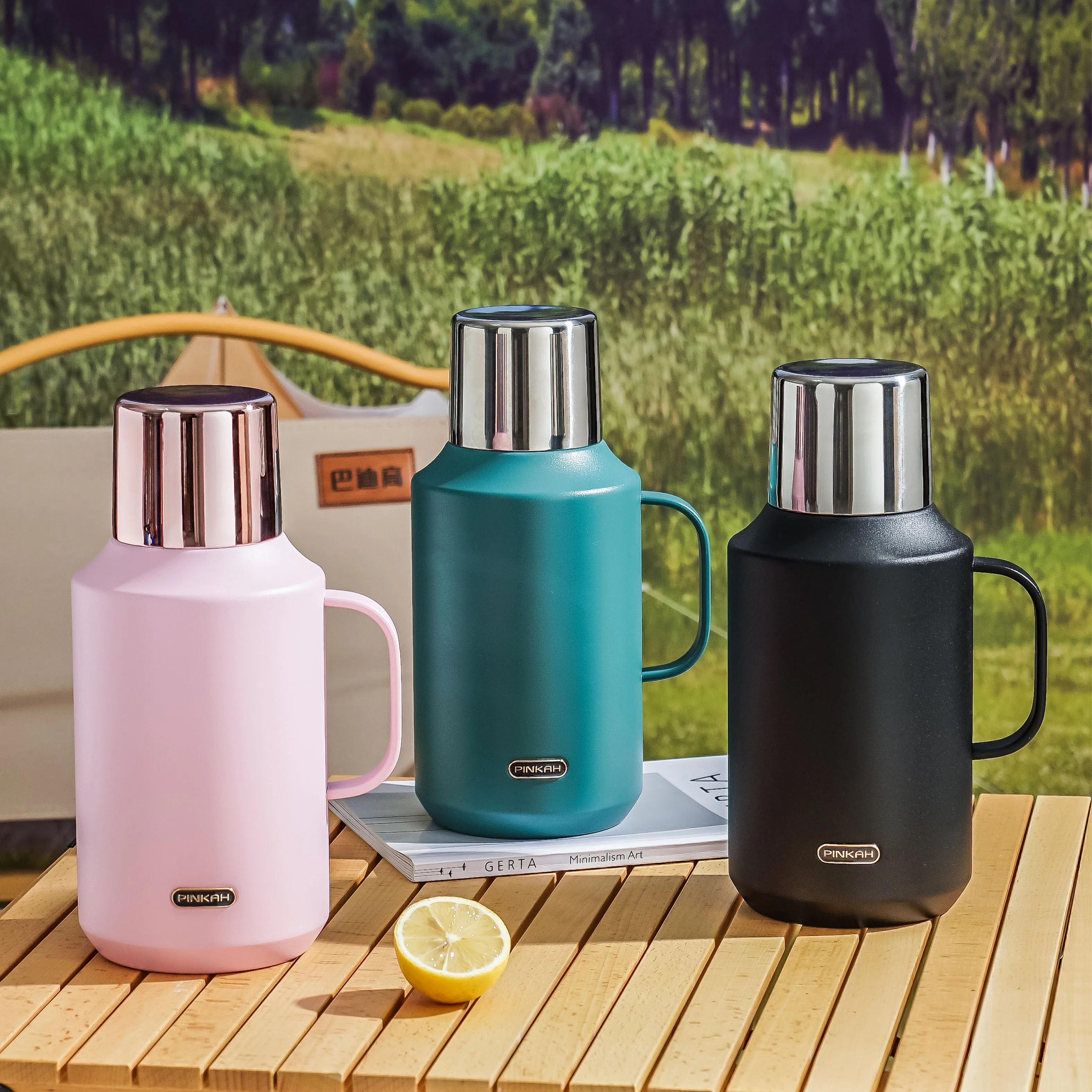 PINKAH 2L Custom Logo Straight Cup Modern Design SS Vacuum Flask with Comfortable Handle for Camping Adults & Parties
