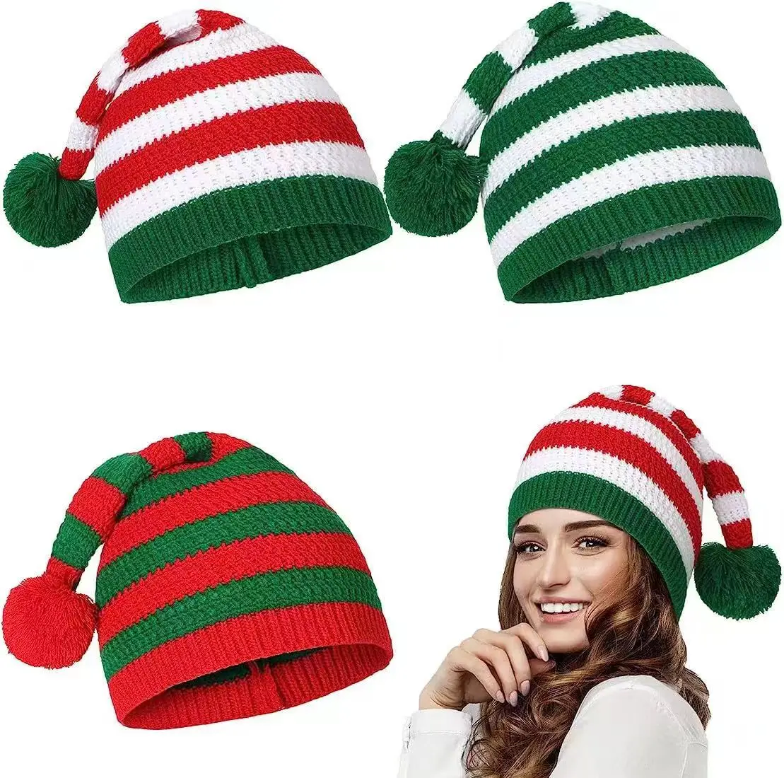 Handmade Red Green Knitted Crochet Beanies New Adult Christmas Elf Santa Style Wholesale Fiber Material Natural False