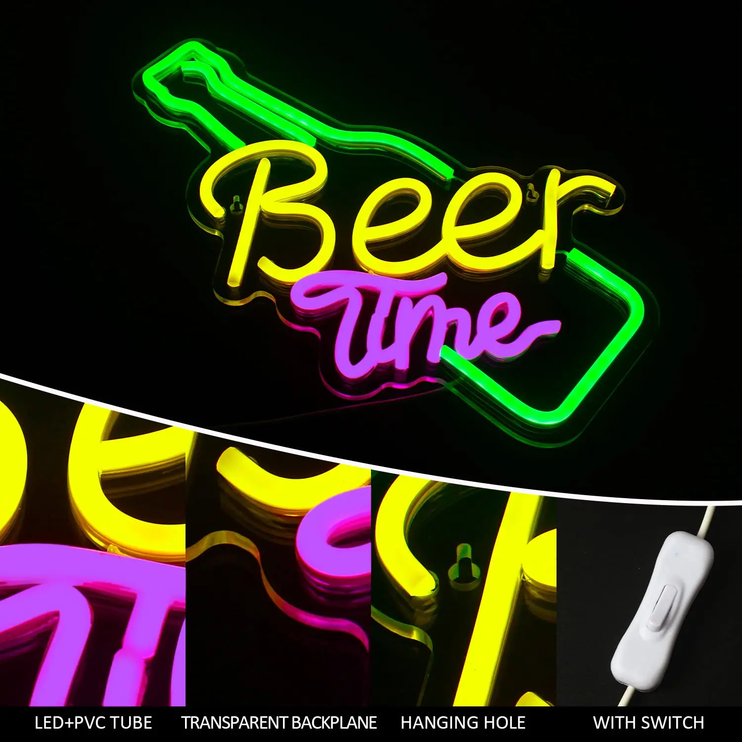 Beer Time Neon Signs Beer Bottle Led Neon Light Wall Decor Neon Sign Light for Art Wall Decor