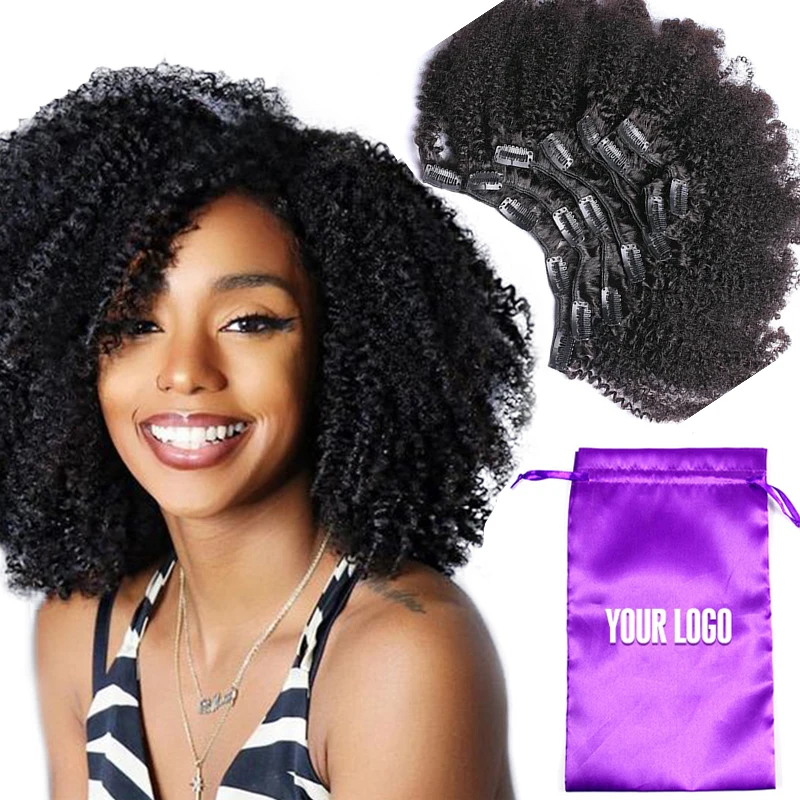 
Mongolian afro kinky human hair clip in hair extension for black women, wholesale afro kinky curly 4a 4b 4c clip ins remy hair 