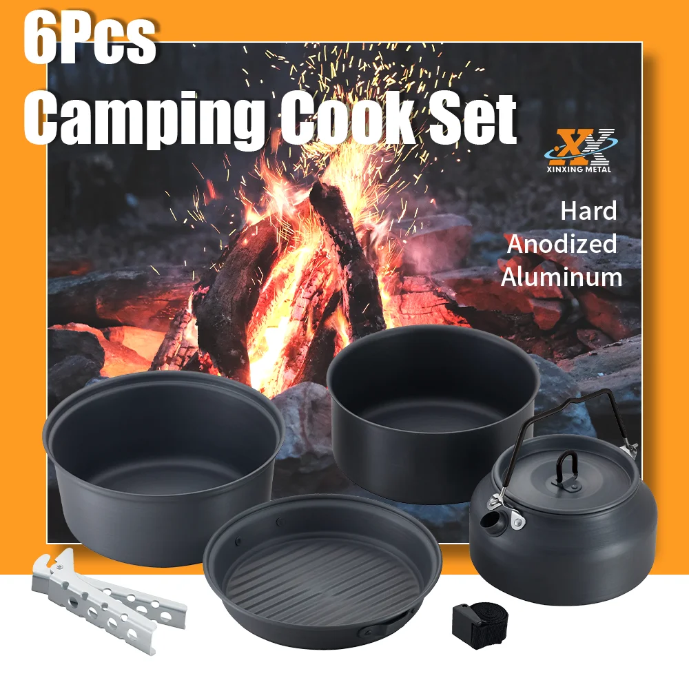 tableware hiking outdoor kitchen pot 6 pcs hard anodized aluminum camping cook set