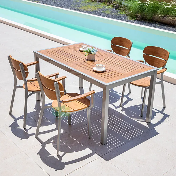 (E7308+9985) Outdoor wood-like metal table set furniture for dining room