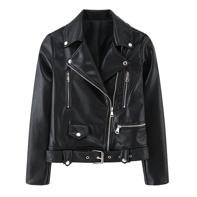 2020 New Fashion Women Autumn Winter Black Faux Leather Jackets Zipper Ladies Coat Turn-down Collar Biker Jacket