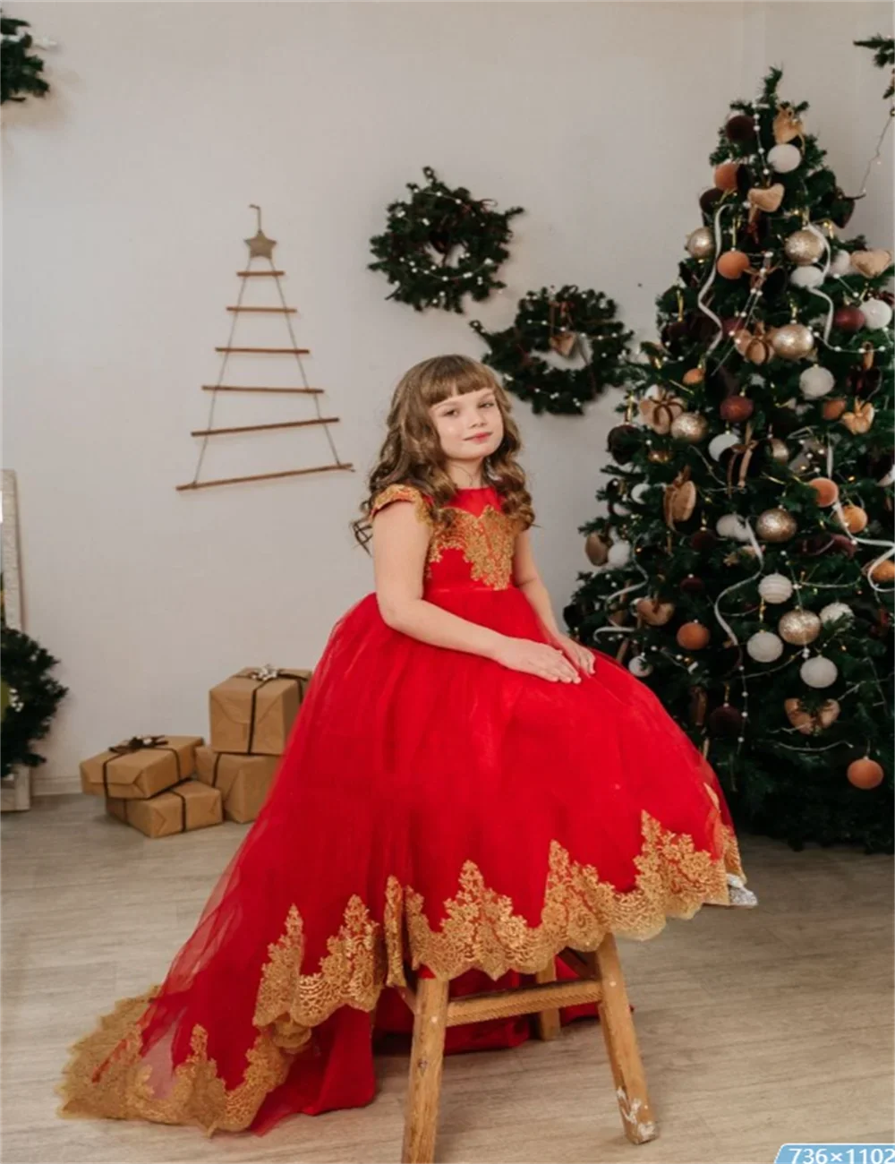 New Ball Golden Lace Tulle Red Flower Girl Dresses Long Train Wedding Customized Homecoming Guest Dress for Communion Birthday