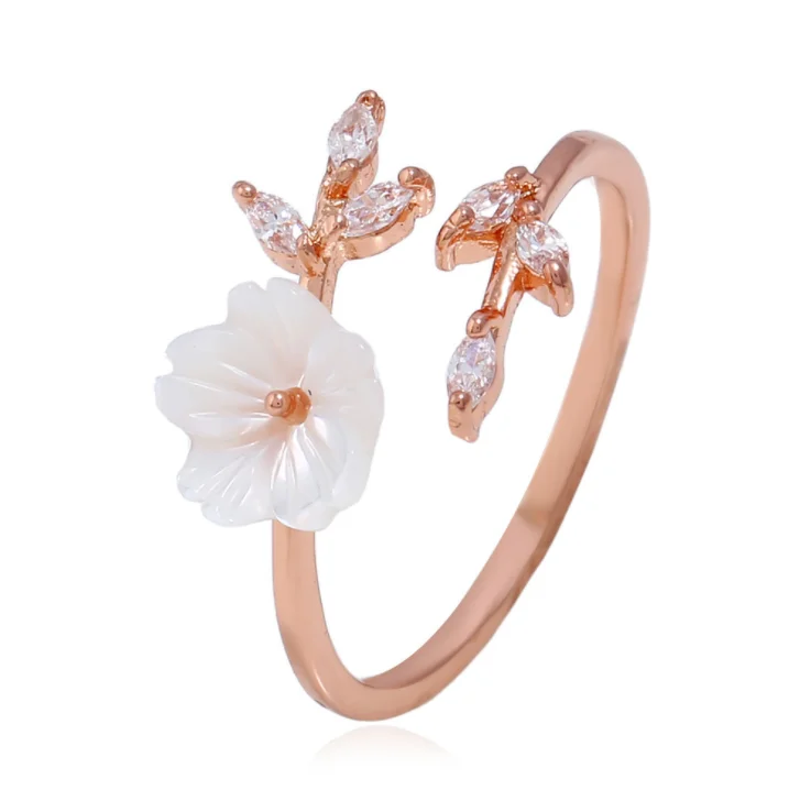 Ladies Rose Gold Color Bague Fleur Delicate Zircon Crystal Shell Flower Leaf Rings For Women Girls