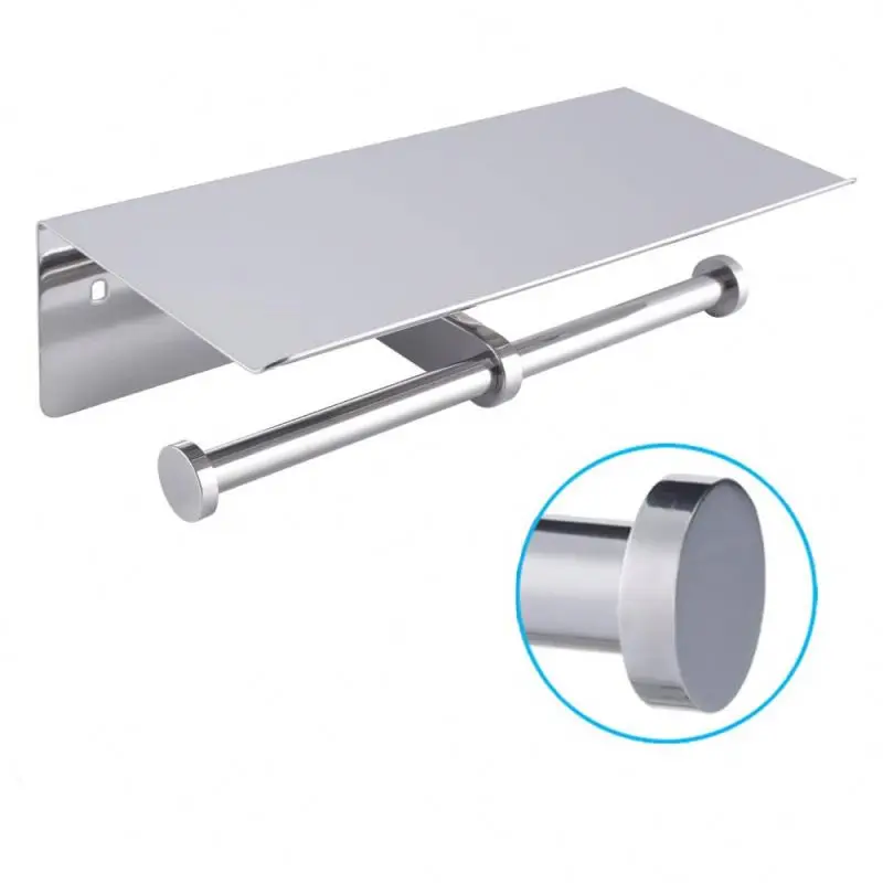 Double Toilet Paper Holder with Shelf Polished Chrome SUS304 Stainless Steel Contemporary Bathroom Tissue Roll Holder Cell Phone