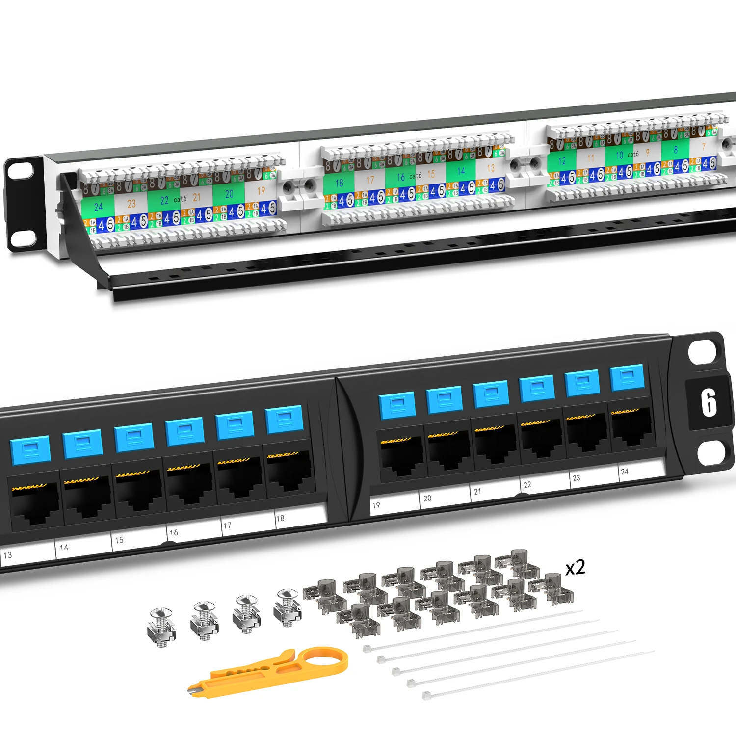 AMPCOM 24 Ports Cat6 Patch Panel, 1U, 19 inch, RJ45 Ethernet 568A 568B, 50u Gold Plated, with Rear Cable Management Bar