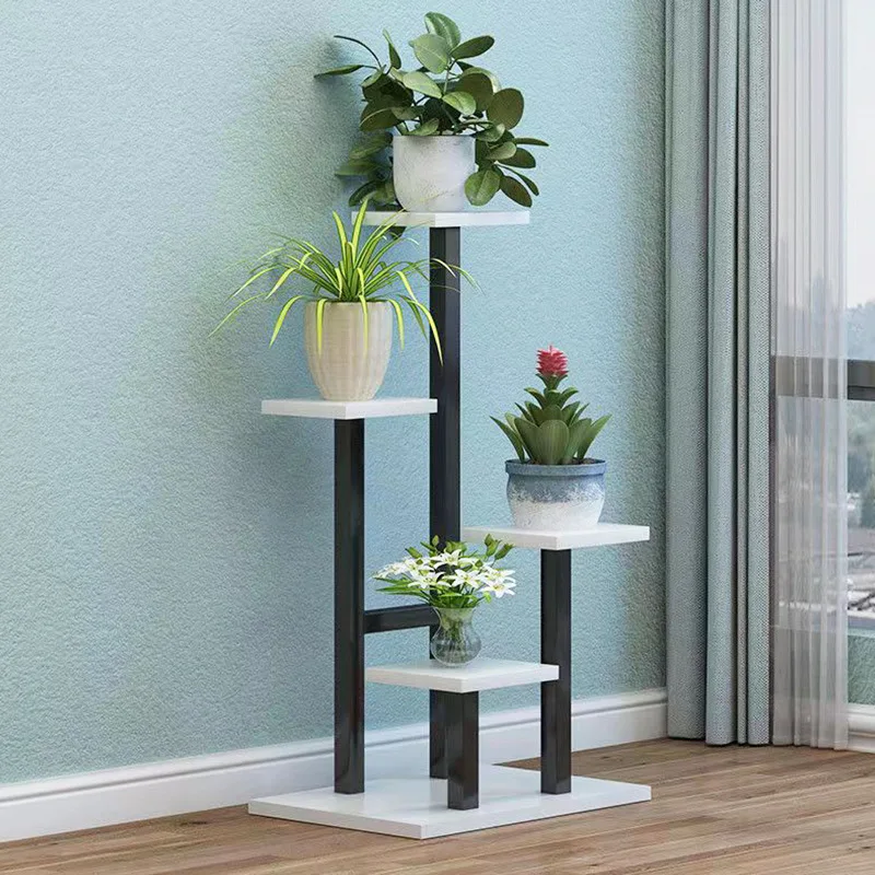 Living Room Decorative Multi-Layer Green Dill Floor Type Steel Wood Balcony Wrought Iron Flower Pot Rack Indoor Wall Shelf