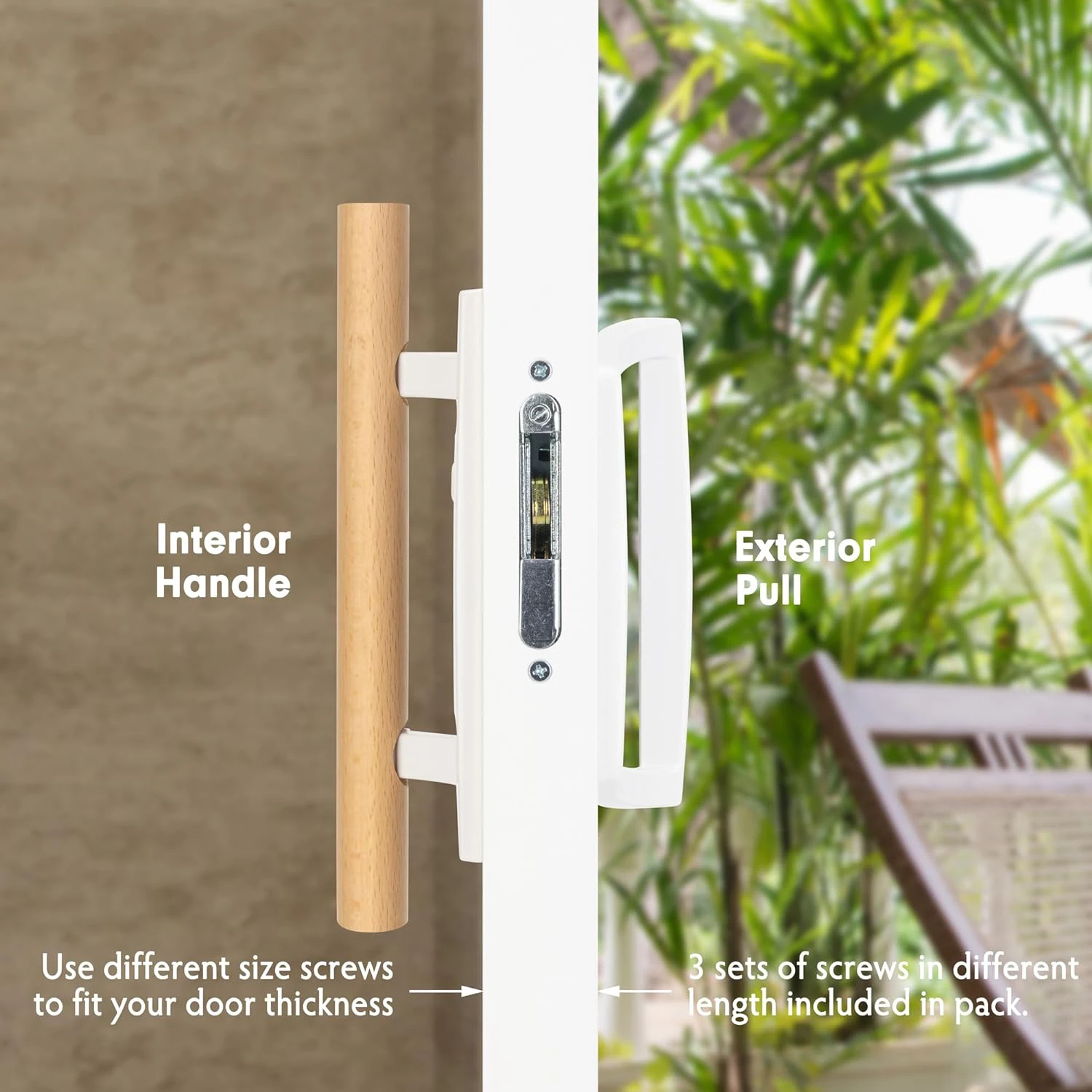 Sliding Patio Door Handle Set with Mortise Lock Replacement Oak Wood Flush Handle & Exterior Pull in Diecast for Glass Door