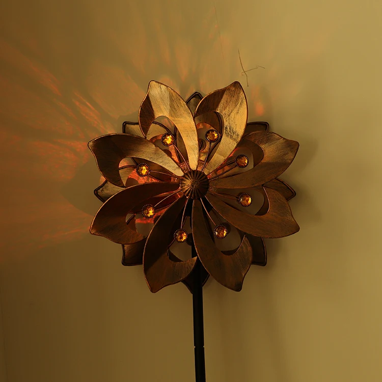 Outdoor Copper garden metal stake solar light kinetic 3d flower shape wind spinners