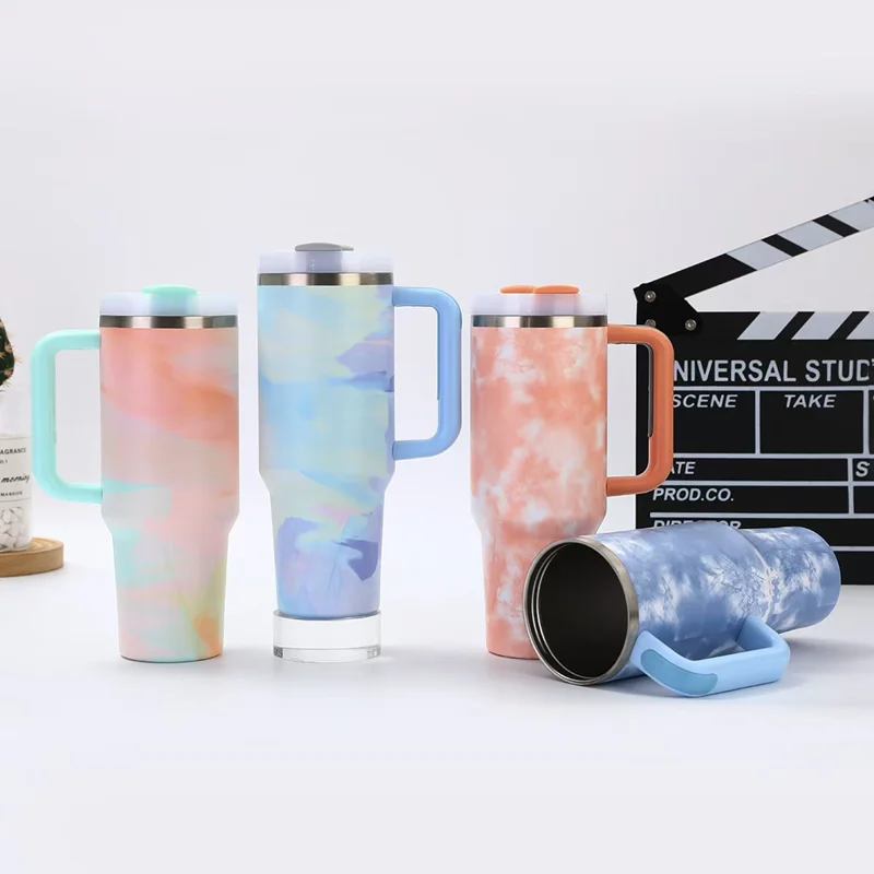 Colorful Tie Dye 40 oz Tumbler with Handle Stainless Steel Vacuum Insulated Tea or Iced Coffee Mug for Hot or Cold Beverages