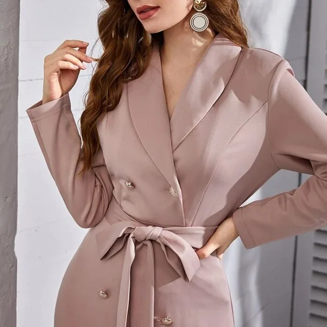2022 New double-breasted shawl collar pleated hem belted waist career suit dress for women
