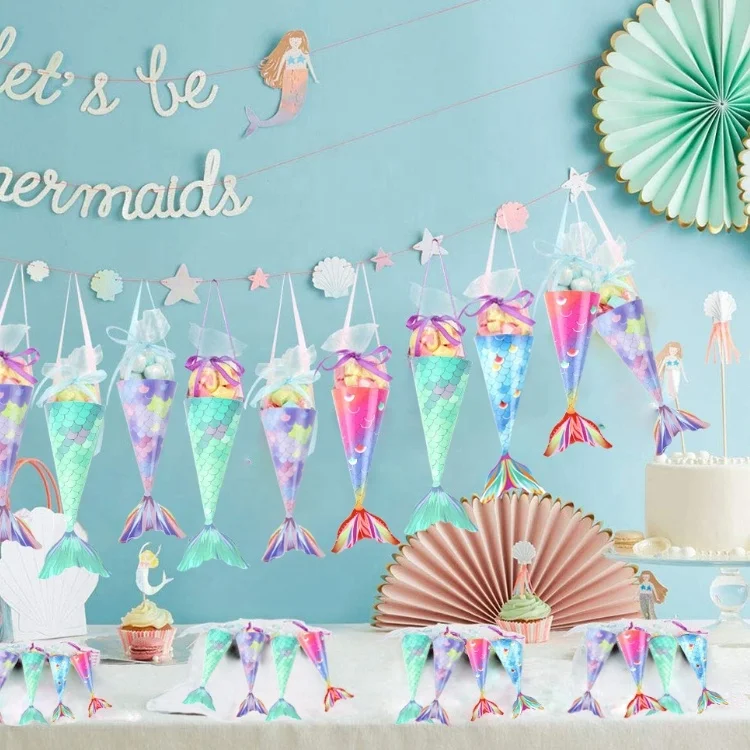 48PCS/set Mermaid Paper Candy Gift Box Hanging Dessert Bags Gifts Girls Wedding Birthday Mermaid Party Favors Decoration