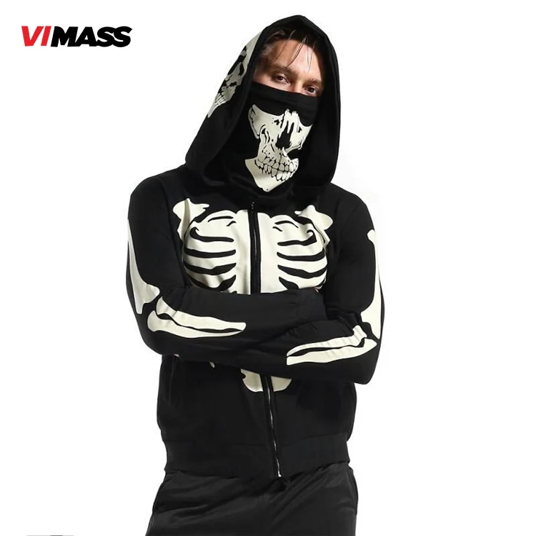 High Quality Custo Logo 2d Print Hoodies Black Halloween Skeleton Rhinestone Hoodie Face Masked