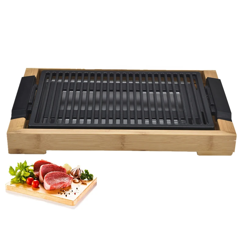 2 in 1 bamboo Smokeless Grill and griddle with temperature prob oil collector detachable Dishwasher Safe Bamboo Griddle