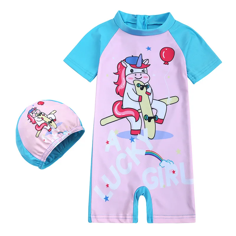 Market Union wholesale toddler swimsuit with hat cartoon print girls boys bathing suit short sleeve kids swimwear with hat