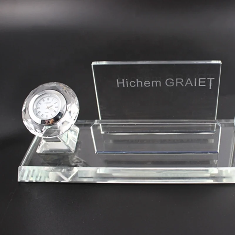 office set promotional three in one crystal penholder and card holder with clock/crystal glass clock business card holder