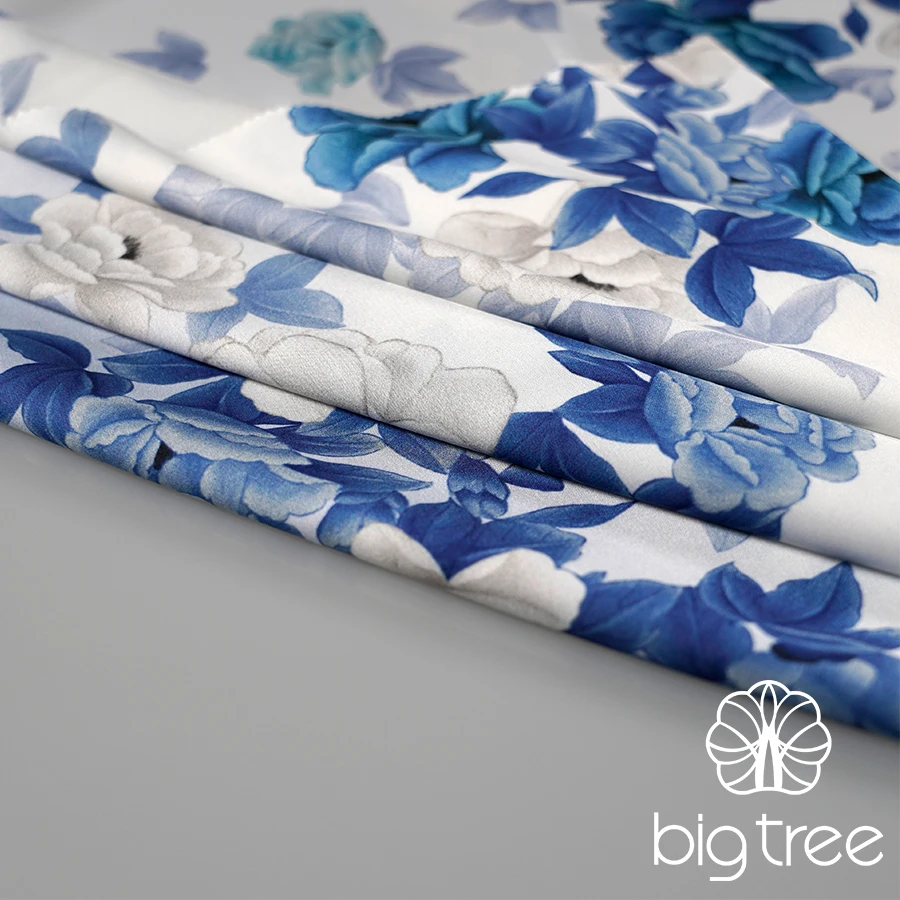 Custom Printed 100% poly Blue and White Vintage Floral Digital Print Silk Satin Fabric Textile for Abaya Dress