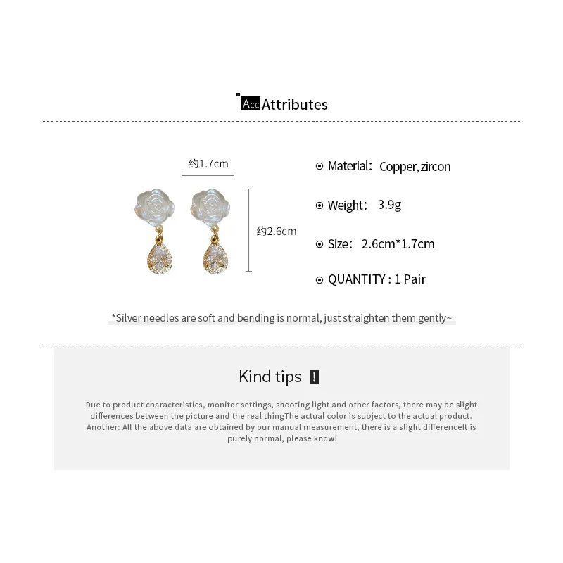 Wholesale genuine gold electroplated silver needles French white rose zircon high-end elegant wholesale Stud Earrings for Women