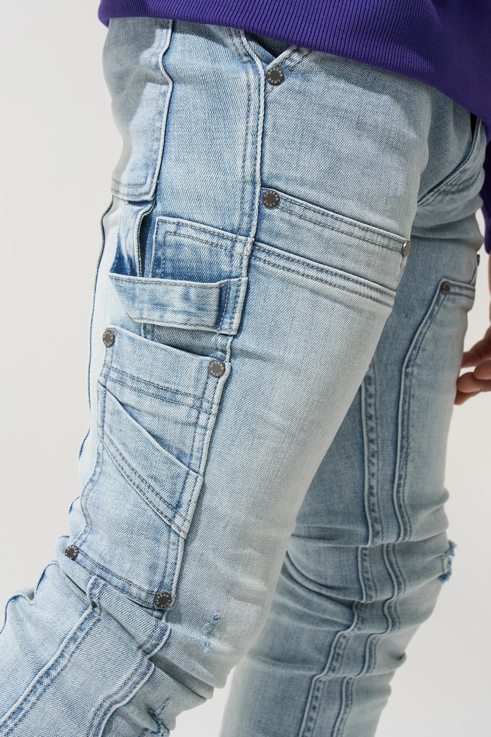 HG high quality light blue wash with carpenter panels distressed ripped skinny fit stacked jeans