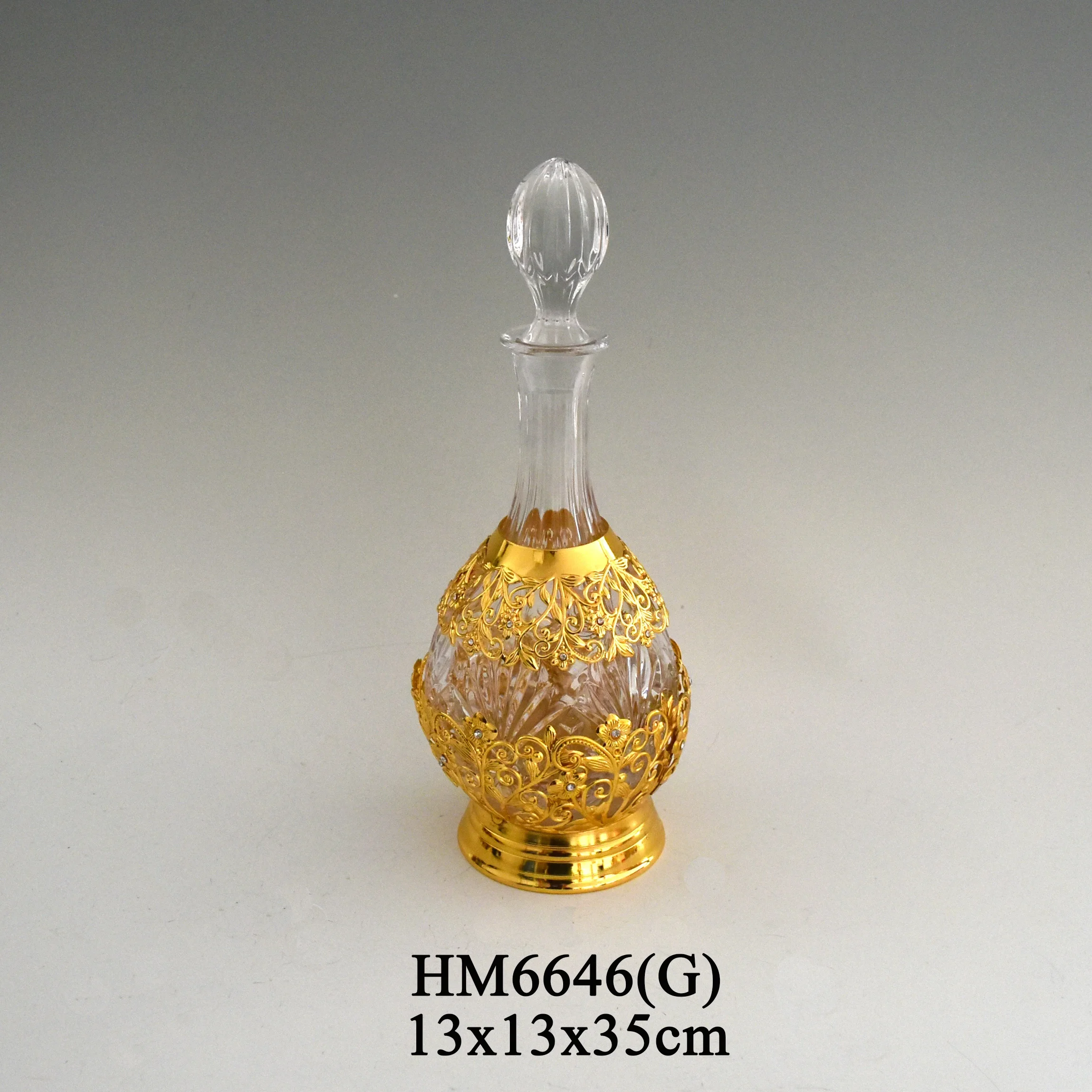 Glass decanters golden steel lace glass bottle vase perfume bottles with lid