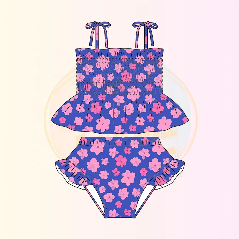 KERUI Hot Sale Custom Flower Printed Swimsuit For Kids Girls Summer Swimwear Two-pieces Beach Swimsuit High Waist Clothes Sets