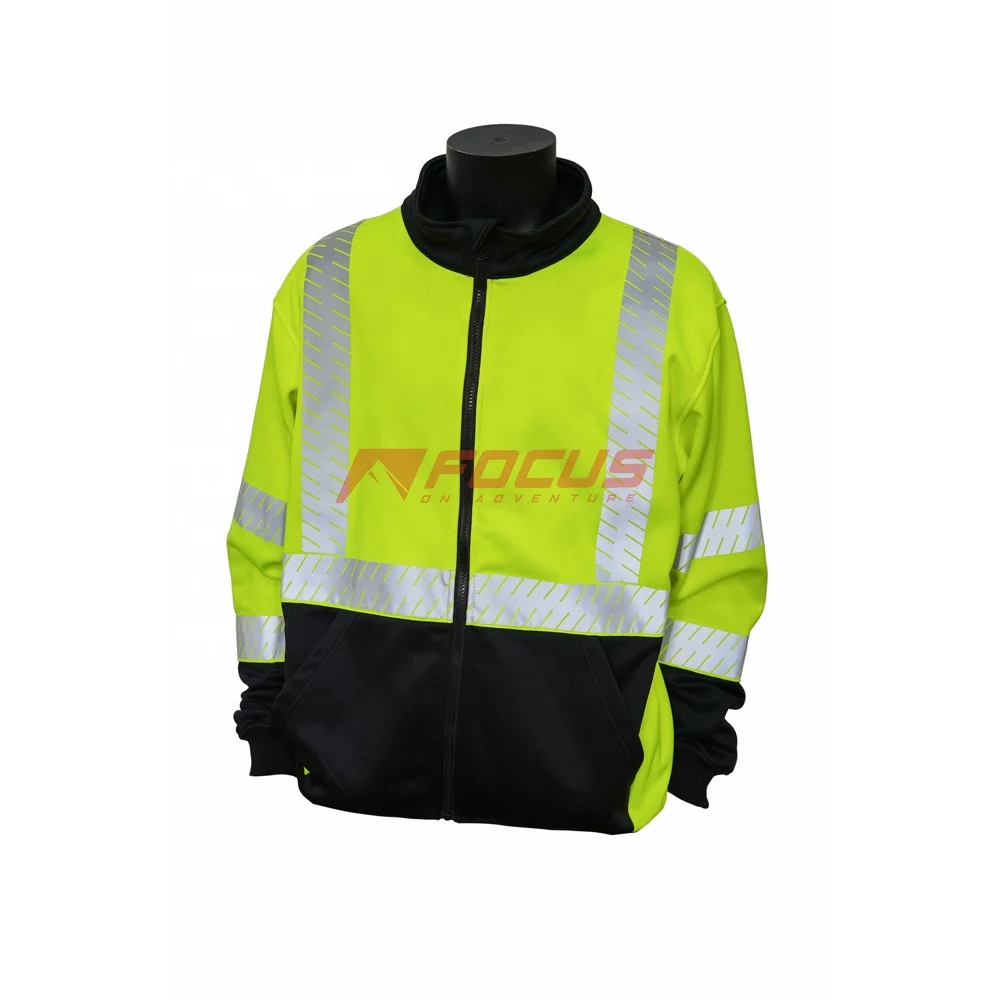 Hi Vis Sweater Fluorescent Yellow Segmented Heat Transfer Reflective Tapes Safety Workwear TC Hi-viz Safety Zip Up Sweater