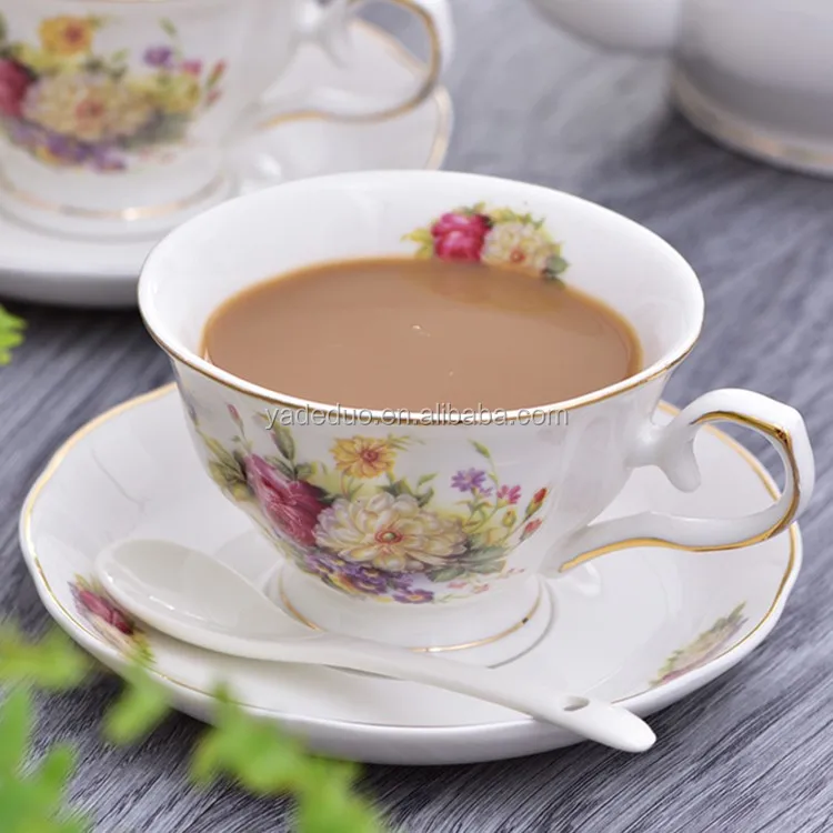 Nordic porcelain floral tea cup with teapot milk jar sugar bowl holder ceramic novel flower coffee cup saucer set