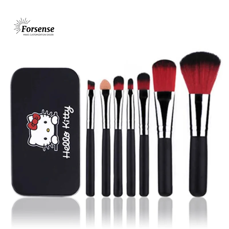 7 pcs in box hello kitty small makeup brushes with case travel size portable black powder foundation eye brushes set for make up