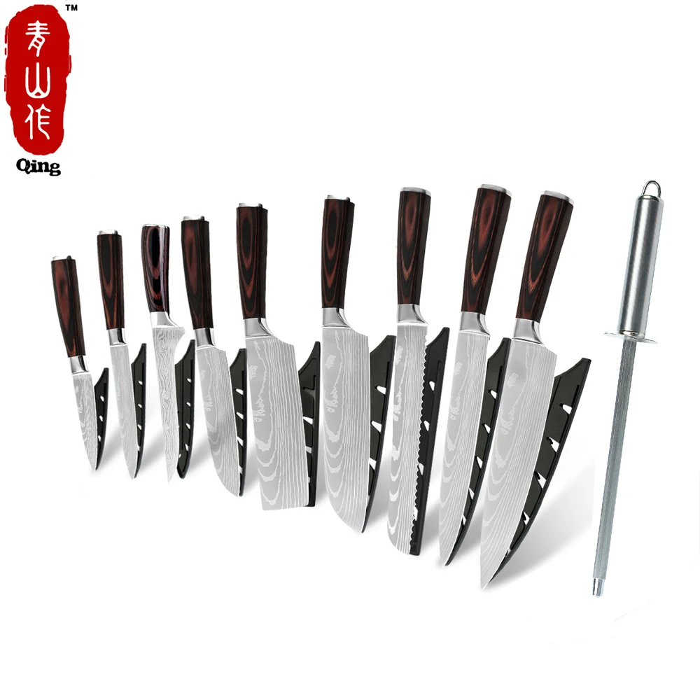 
Amazon Hot Super Sharp 7Cr17mov High Carbon Stainless Steel Sharpen Rod Design 8pcs Stainless Steel Knife Set With Knife Bag 