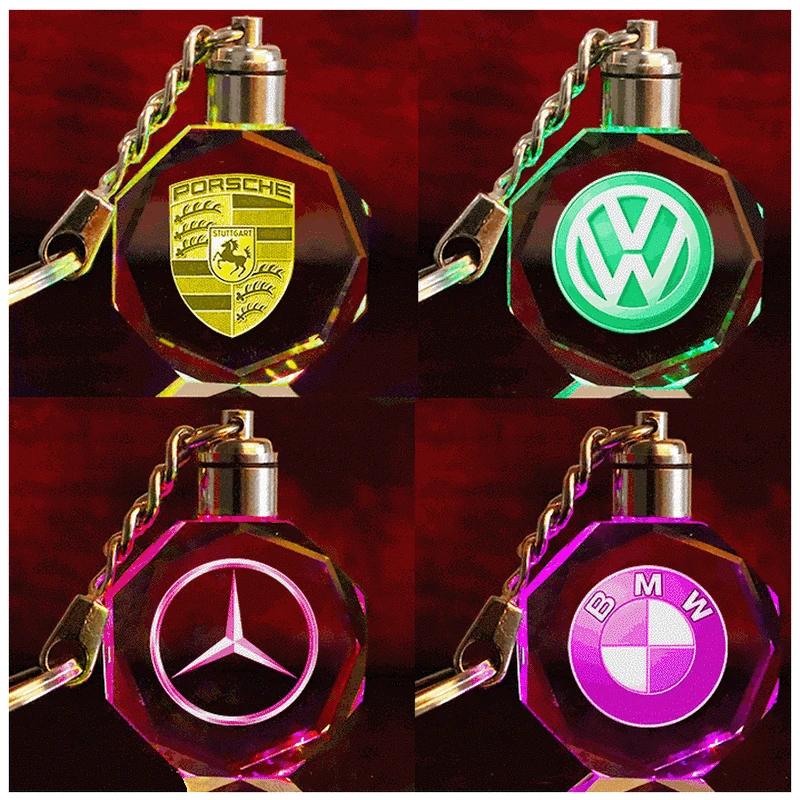 Carved inside the crystal keychain car logo custom LED colorful luminous pendant gift manufacturers wholesale
