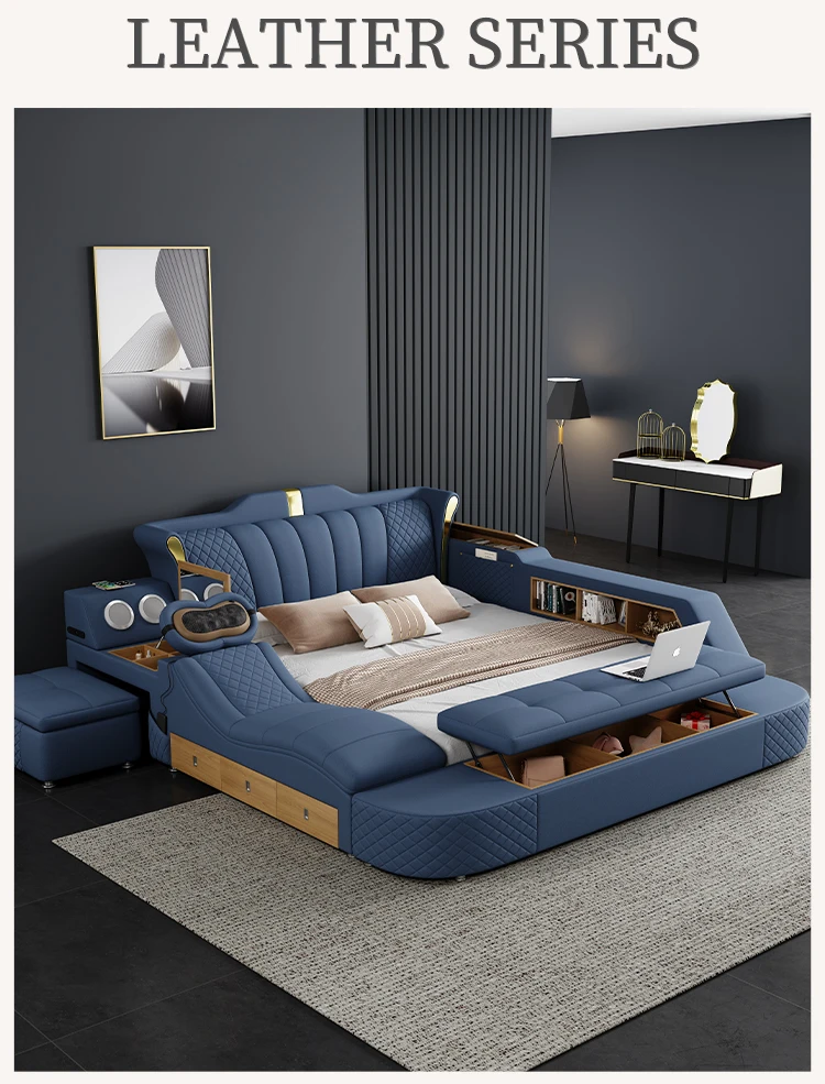2023 Modern Leather Smart Bed With Massage Multi Function Bedroom Furniture With Storage Box Beds