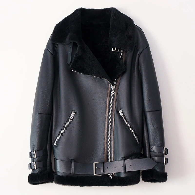 Genuine Leather Coat Wholesale Winter Warm Thick Lapel Women Shearling Leather Jacket With Real Fur Lining