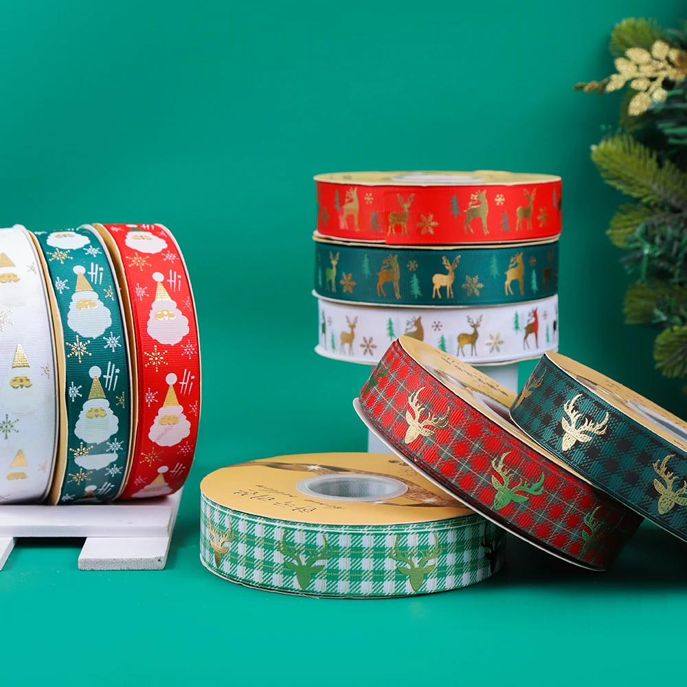 New 25mm wide Christmas gift ribbon with thermosetting hot stamping Santa Claus elk pine tree pattern ribbon