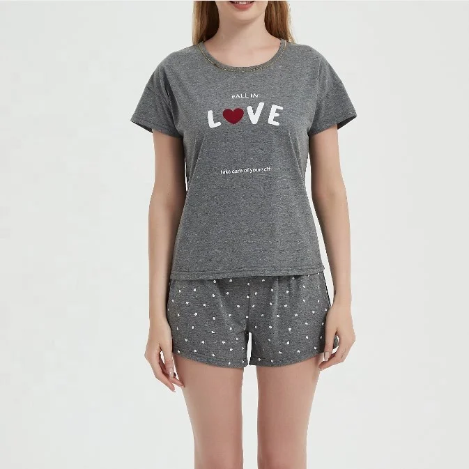 Love Pattern Sweet Pajama Set Women New Style Casual Round Collar Short Sleeve Sleepwear
