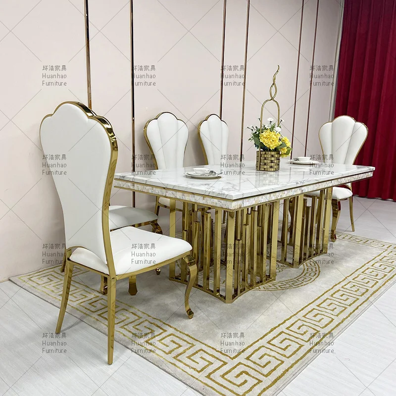 Wholesale Ivory White marble top stainless steel dining table restaurant luxury gold dining 6 chairs and tables set