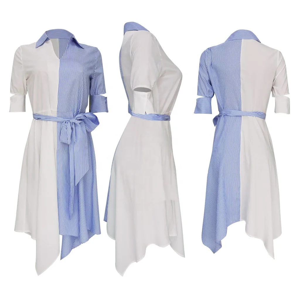 Elegant V-neck Turn-down Collar Striped With Bows Patchwork Asymmetrical A-line Hollow Out Midi Dress